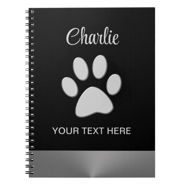  Silver Dog Paw on black background Notebook (Front)