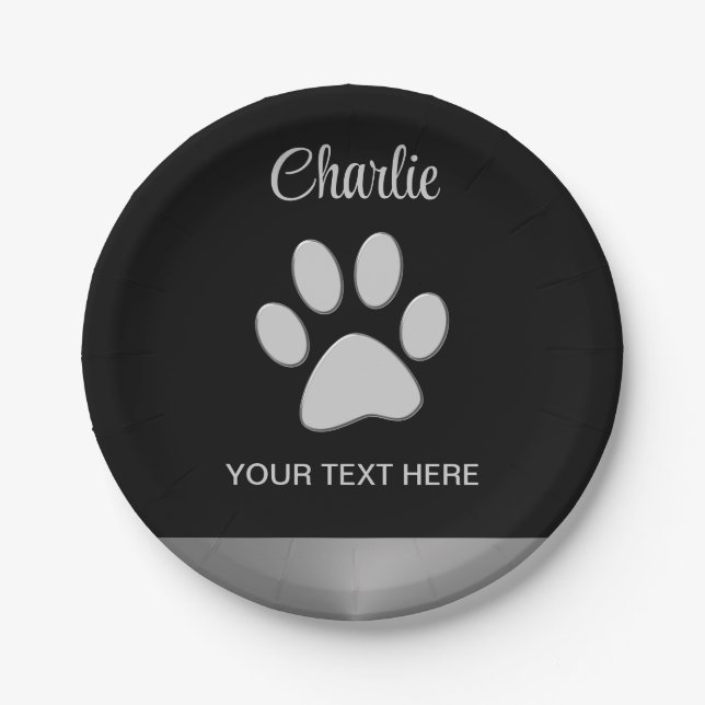  Silver Dog Paw on black background Paper Plate (Front)