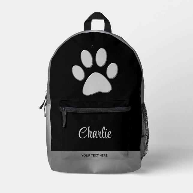  Silver Dog Paw on black background Printed Backpack (Front)