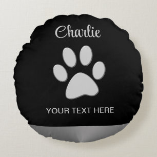  Silver Dog Paw on black background Round Pillow