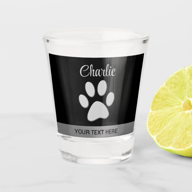  Silver Dog Paw on black background Shot Glass (Front)