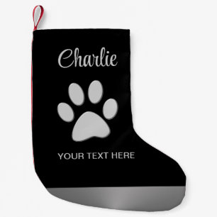  Silver Dog Paw on black background Small Christmas Stocking