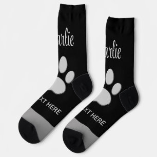  Silver Dog Paw on black background Socks
