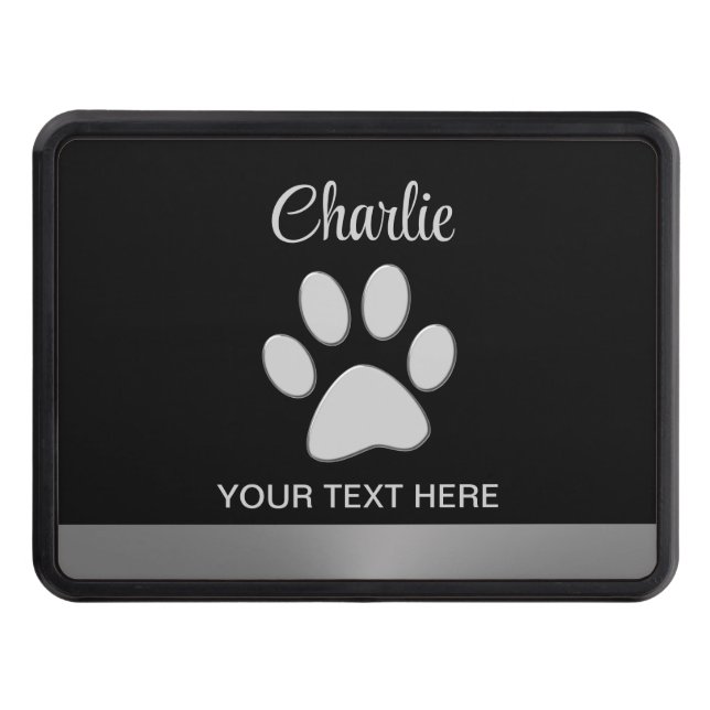  Silver Dog Paw on black background Trailer Hitch Cover (Front)