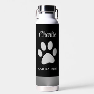  Silver Dog Paw on black background Water Bottle