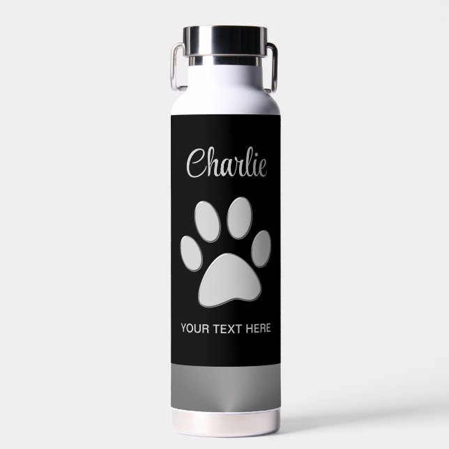  Silver Dog Paw on black background Water Bottle (Front)