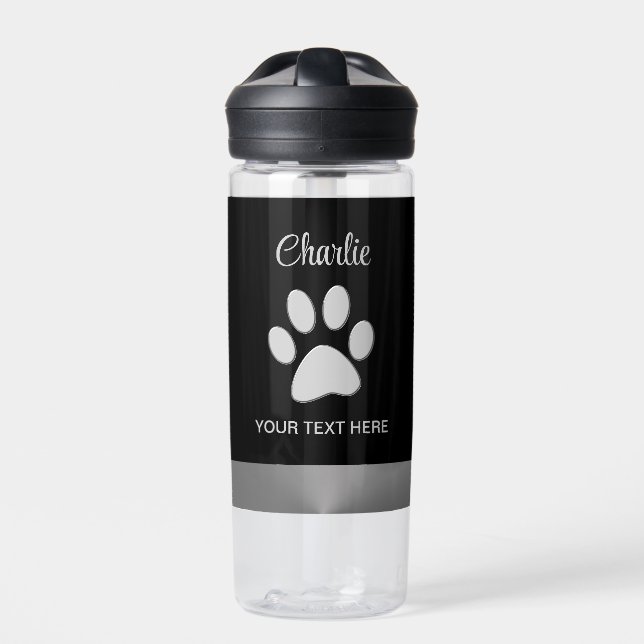  Silver Dog Paw on black background Water Bottle (Front)