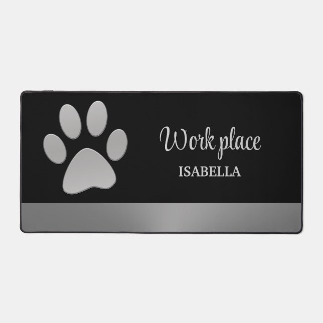 Silver Dog Paw on black Pet Grooming Service Busin Desk Mat (Front)