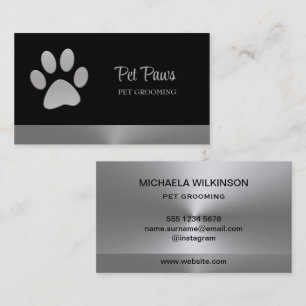 Silver Dog Paw on black Pet Grooming Service Business Card