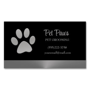 Silver Dog Paw on black Pet Grooming Service  Magnetic Business Card