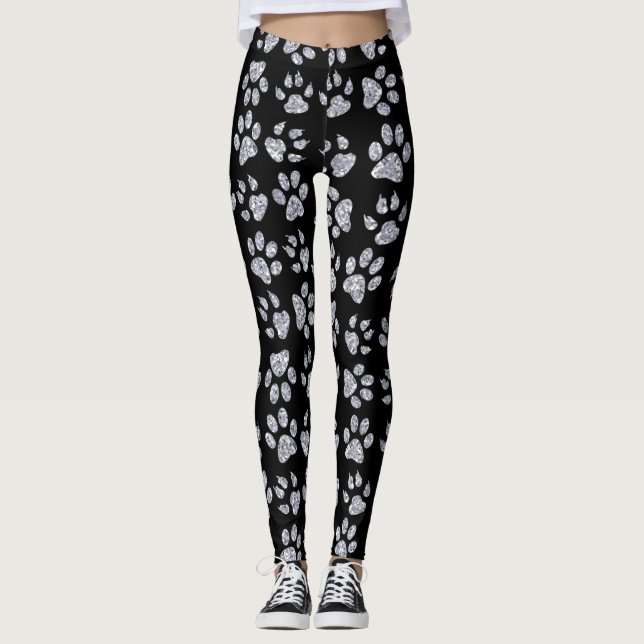 Silver  Dog Paw Prints,Black Leggings (Front)