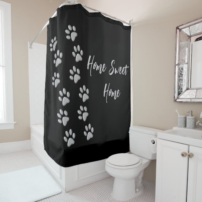 Silver Dog Paws black Background Print Pattern (In Situ)