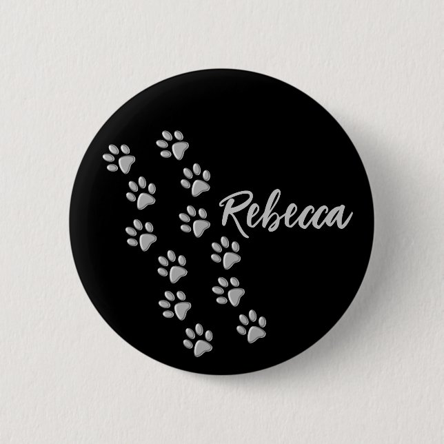 Silver Dog Paws black Background Print Pattern 2 Inch Round Button (Front)