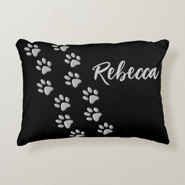 Silver Dog Paws black Background Print Pattern Accent Pillow (Front)
