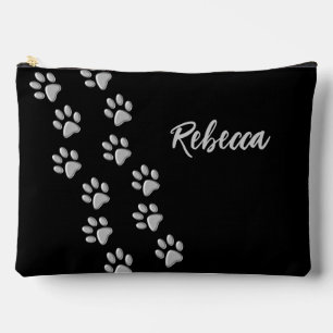 Silver Dog Paws black Background Print Pattern Accessory Pouch
