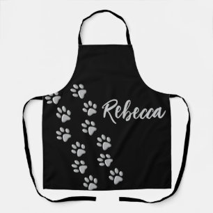Silver Dog Paws black Background Print Pattern Apron