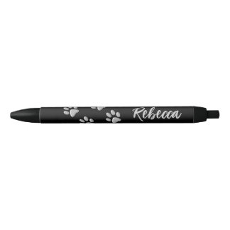 Silver Dog Paws black Background Print Pattern Black Ink Pen