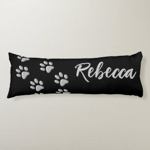 Silver Dog Paws black Background Print Pattern Body Pillow