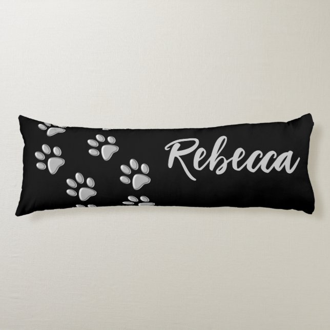 Silver Dog Paws black Background Print Pattern Body Pillow (Front)