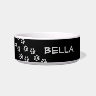 Silver Dog Paws black Background Print Pattern Bowl