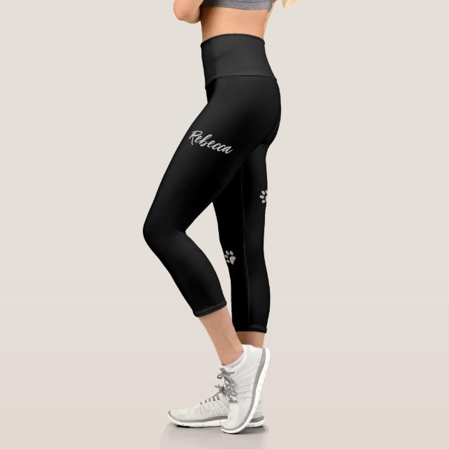 Silver Dog Paws black Background Print Pattern Capri Leggings (Left)