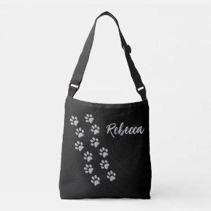Silver Dog Paws black Background Print Pattern Crossbody Bag