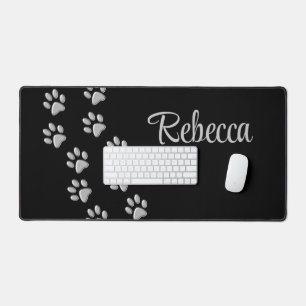 Silver Dog Paws black Background Print Pattern Desk Mat