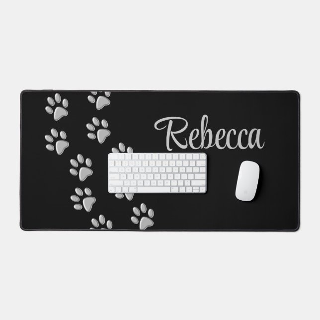 Silver Dog Paws black Background Print Pattern Desk Mat (Keyboard & Mouse)