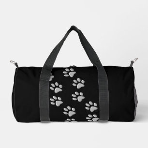 Silver Dog Paws black Background Print Pattern Duffle Bag