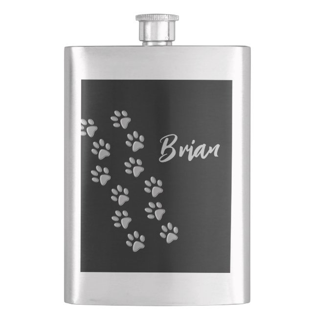 Silver Dog Paws black Background Print Pattern Hip Flask (Front)