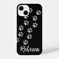 Silver Dog Paws black Background Print Pattern