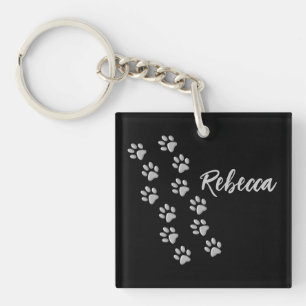 Silver Dog Paws black Background Print Pattern Key Keychain
