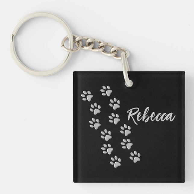 Silver Dog Paws black Background Print Pattern Key Keychain (Front)
