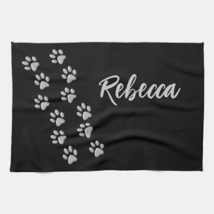 Silver Dog Paws black Background Print Pattern Kitchen Towel