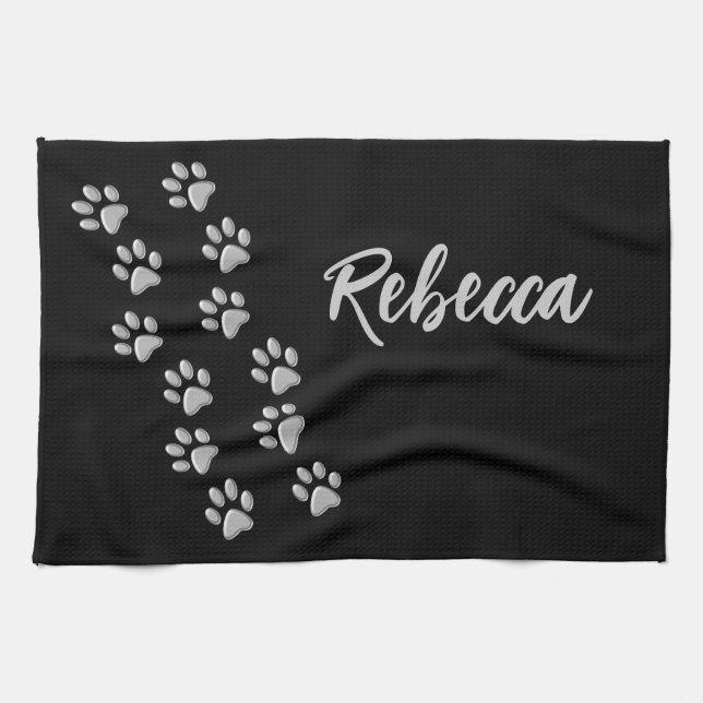 Silver Dog Paws black Background Print Pattern Kitchen Towel (Horizontal)