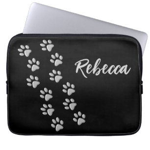 Silver Dog Paws black Background Print Pattern Laptop Sleeve