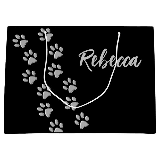 Silver Dog Paws black Background Print Pattern Large Gift Bag (Front)
