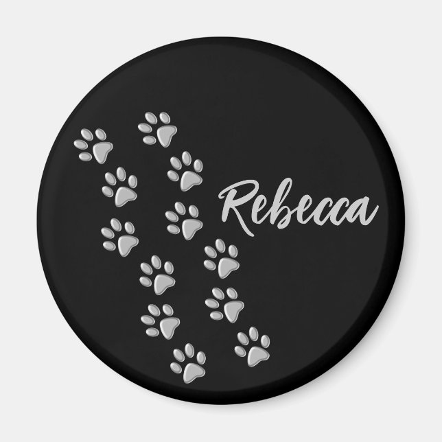 Silver Dog Paws black Background Print Pattern Magnet (Front)