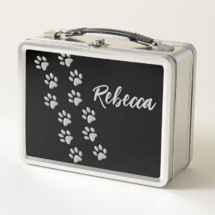 Silver Dog Paws black Background Print Pattern Metal Lunch Box