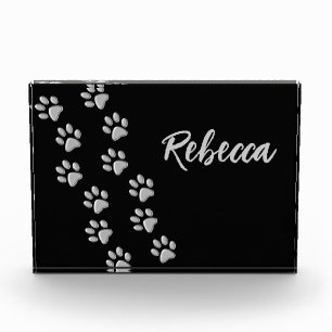 Silver Dog Paws black Background Print Pattern Photo Block