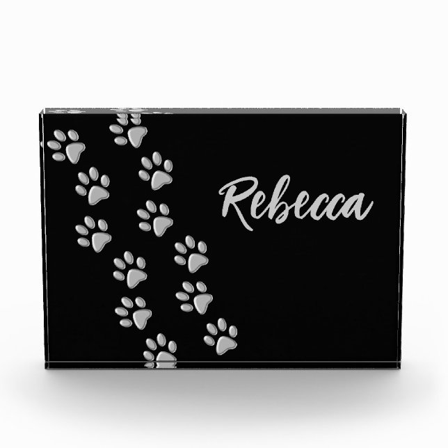 Silver Dog Paws black Background Print Pattern Photo Block (Front)