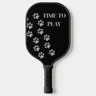 Silver Dog Paws black Background Print Pattern Pickleball Paddle
