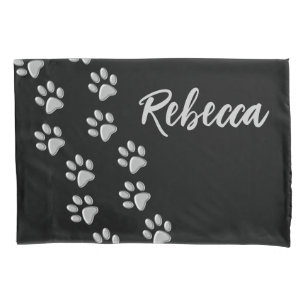 Silver Dog Paws black Background Print Pattern Pillowcase