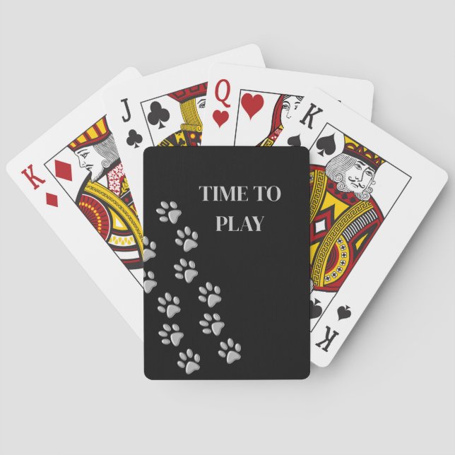 Silver Dog Paws black Background Print Pattern Playing Cards (Back)