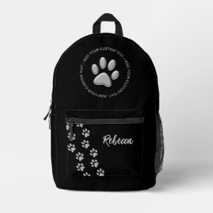 Silver Dog Paws black Background Print Pattern  Printed Backpack