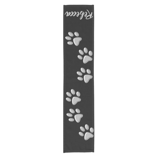 Silver Dog Paws black Background Print Pattern Short Table Runner (Front)