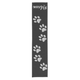 Silver Dog Paws black Background Print Pattern Short Table Runner