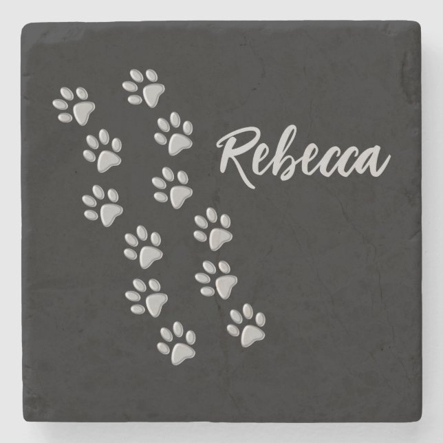 Silver Dog Paws black Background Print Pattern Stone Coaster (Front)