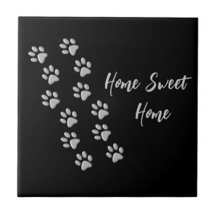 Silver Dog Paws black Background Print Pattern Tile