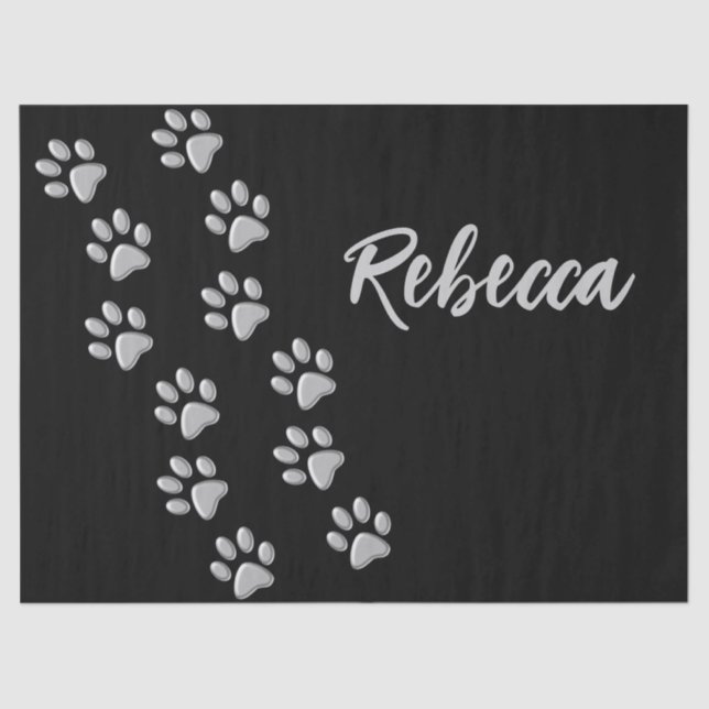 Silver Dog Paws black Background Print Pattern Tissue Paper (Front)